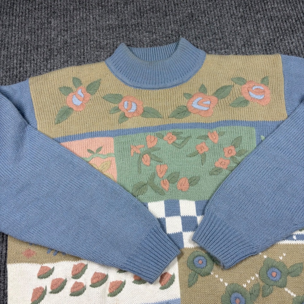Alfred Dunner Sweater Womens L Vintage Floral Patchwork Knit Sweater Blue Pastel